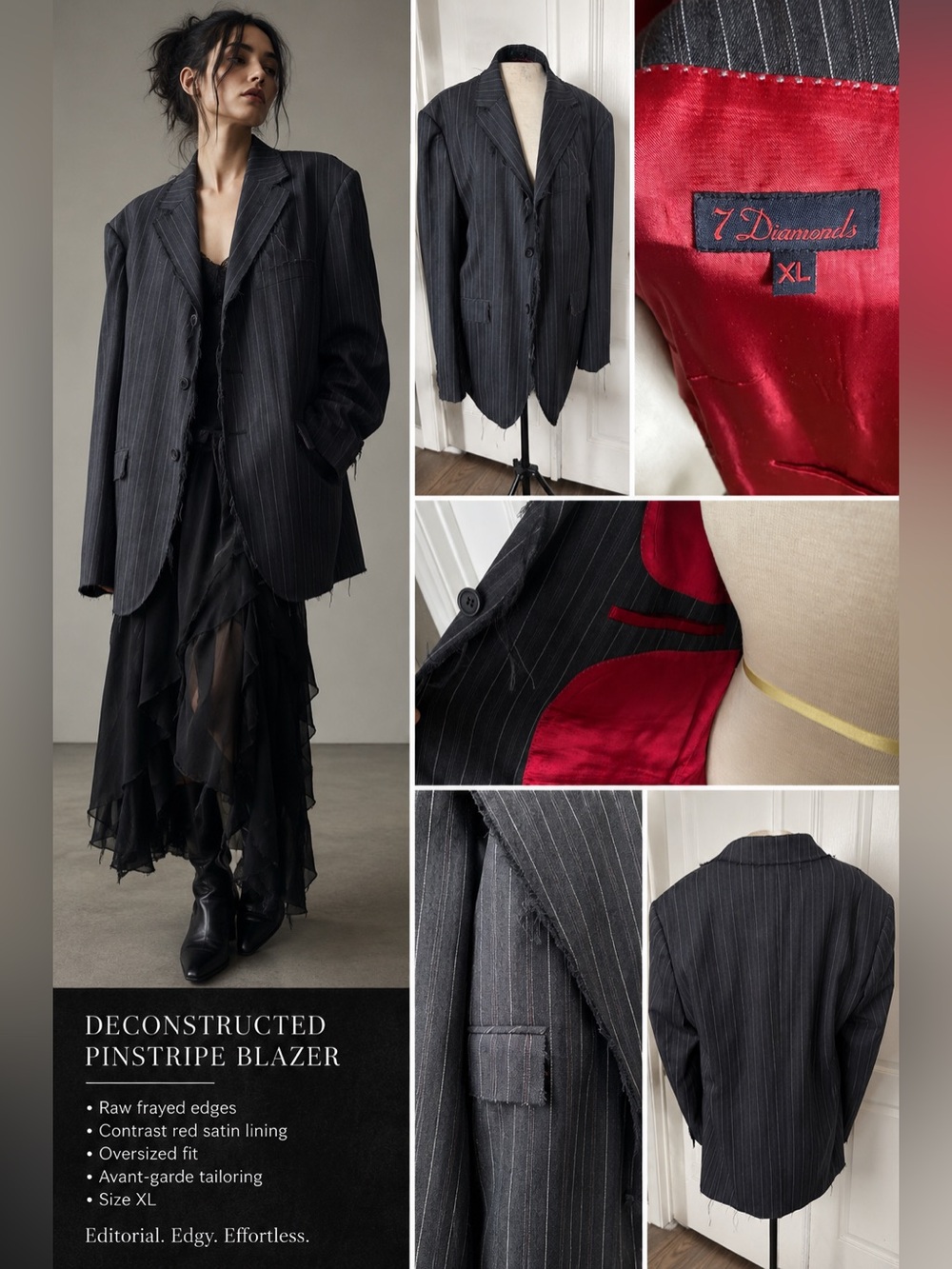 Deconstructed Pinstripe Blazer Avant Garde Raw Hem Jacket XL